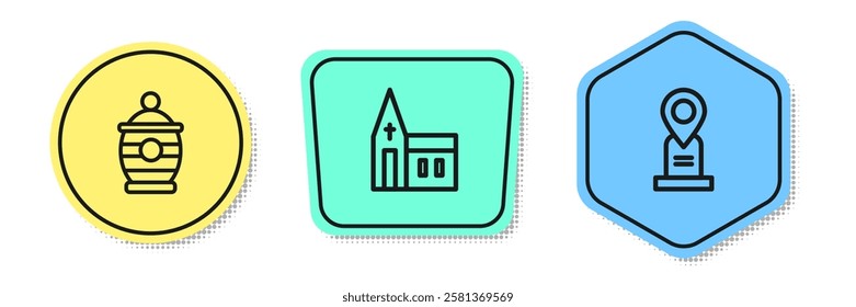 Set line Funeral urn, Church building and Location grave. Colored shapes. Vector