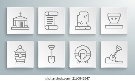 Set line Funeral urn, Decree, parchment, scroll, Shovel, Memorial wreath, in the ground, Old grave with tombstone, Coffin and crypt icon. Vector