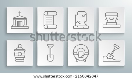 Set line Funeral urn, Decree, parchment, scroll, Shovel, Memorial wreath, in the ground, Old grave with tombstone, Coffin and crypt icon. Vector