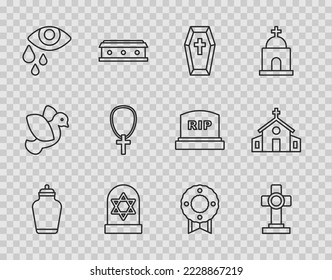 Set line Funeral urn, Grave with cross, Coffin, star david, Tear cry eye, Christian on chain, Memorial wreath and Church building icon. Vector