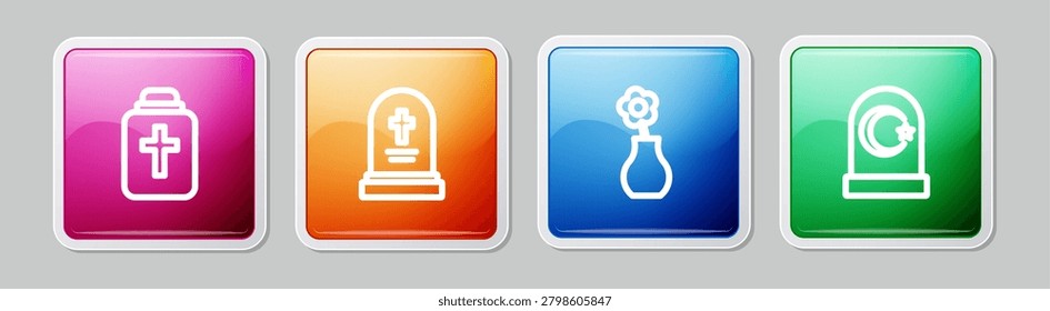 Set line Funeral urn, Grave with tombstone, Flower in vase and Muslim cemetery. Colorful square button. Vector