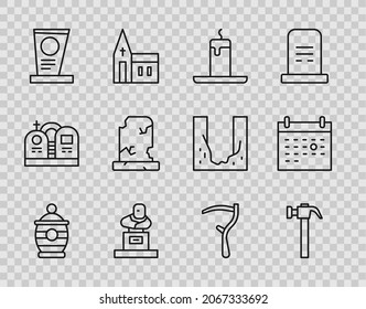 Set line Funeral urn, Hammer, Burning candle, Grave with tombstone, Old grave, Scythe and Calendar death icon. Vector