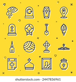 Set line Funeral urn, Holy bible book, Lily flower, Coffin with cross, Memorial wreath, Grave tombstone, Tear cry eye and Shovel icon. Vector