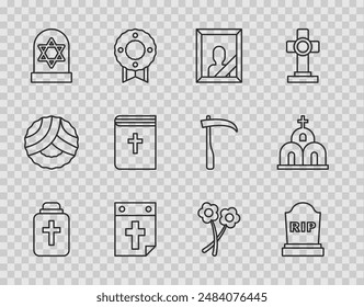 Set line Funeral urn, Tombstone with RIP written, Mourning photo frame, Calendar death, Grave star of david, Holy bible book, Flower and Church building icon. Vector