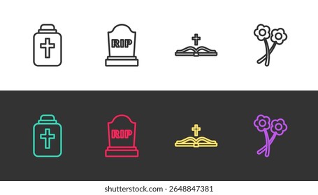 Set line Funeral urn, Tombstone with RIP written, Holy bible book and Flower on black and white. Vector
