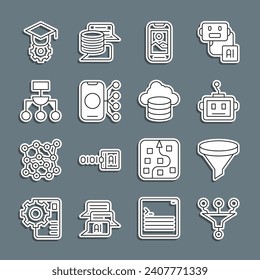 Set line Funnel or filter, Artificial intelligence robot, Mobile phone, Neural network, Algorithm, Graduation cap and Cloud database icon. Vector