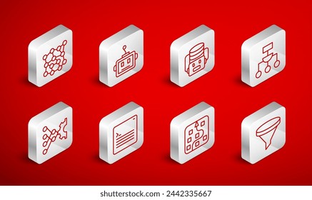 Set line Funnel or filter, Artificial intelligence robot, Algorithm, Neural network, Web developer programming code and  icon. Vector