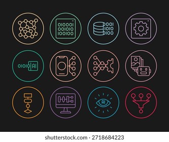 Fije la línea Embudo o Filtrar, robot de la inteligencia artificial, código binario, red neuronal, e icono. Vector