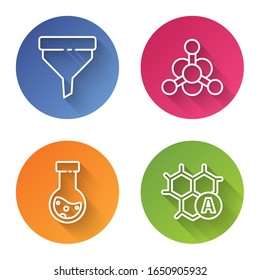 Set line Funnel or filter, Bacteria, Test tube and flask chemical and Chemical formula. Color circle button. Vector