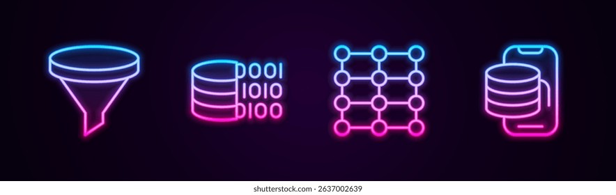 Set line Funnel or filter, Binary code, Neural network and Cloud technology data transfer. Glowing neon icon. Vector