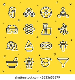 Set line Funnel or filter, Chemical explosion, Molecule, Radioactive, Safety goggle glasses,  and Test tube and flask icon. Vector