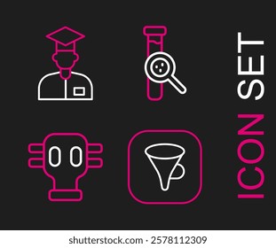 Set line Funnel or filter, Gas mask, Test tube and flask and Laboratory assistant icon. Vector