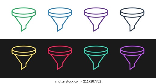 Set line Funnel or filter icon isolated on black and white background.  Vector