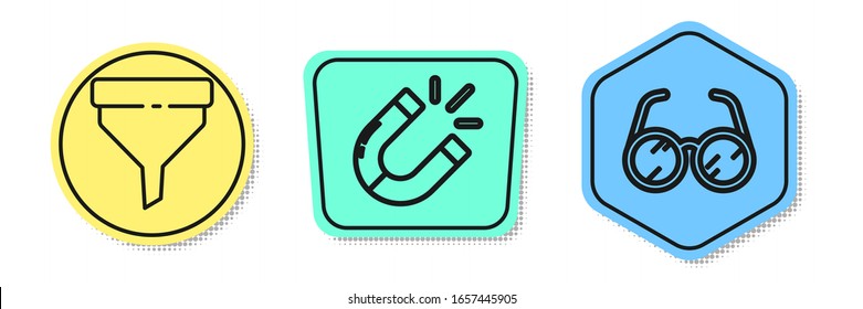 Set line Funnel or filter, Magnet and Laboratory glasses. Colored shapes. Vector