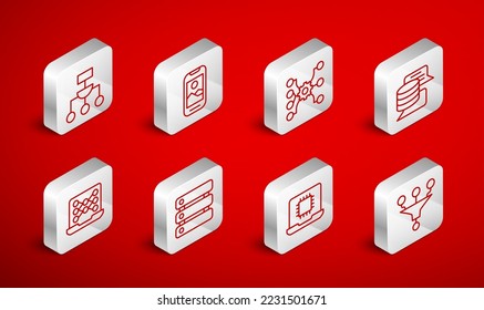 Set line Funnel or filter, Mobile phone, Neural network, Server, Data, Processor CPU, Algorithm,  and  icon. Vector