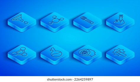 Set line Funnel or filter, Molecule, Test tube, Atom, Genetically modified apple,  and Explosion in the flask icon. Vector