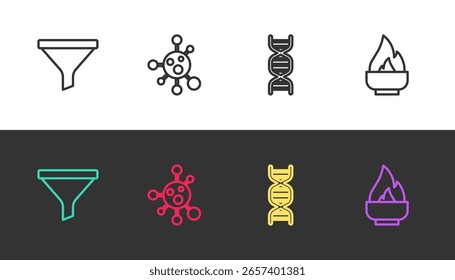 Set line Funnel or filter, Molecule, DNA symbol and Alcohol spirit burner on black and white. Vector