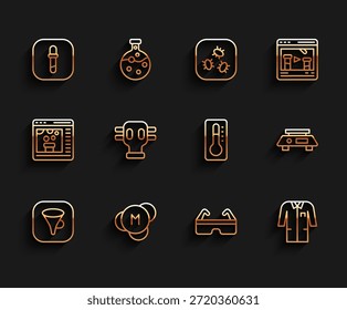 Set Line Trichter oder Filter, Molekül, Pipette, Schutzbrille, Laboruniform, Gasmaske, Elektronische Waage und Medizinisches Thermometer-Symbol. Vektorgrafik