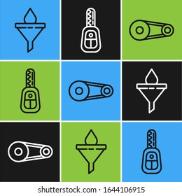 Set line Funnel or filter and motor oil drop, Timing belt kit and Car key with remote icon. Vector