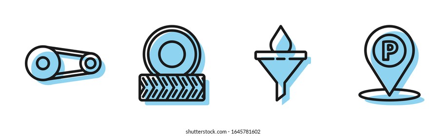 Set line Funnel or filter and motor oil drop, Timing belt kit, Car wheel and Location with parking icon. Vector