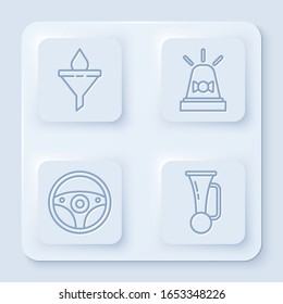 Set line Funnel or filter and motor oil drop, Flasher siren, Steering wheel and Signal horn on vehicle. White square button. Vector