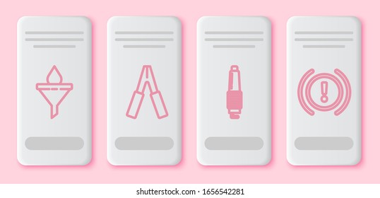 Set line Funnel or filter and motor oil drop, Car battery jumper power cable, Car spark plug and Brake system warning. White rectangle button. Vector