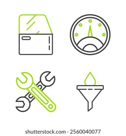 Set line Funnel or filter and motor oil drop, Wrench, Speedometer and Car door icon. Vector