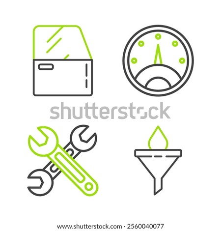 Set line Funnel or filter and motor oil drop, Wrench, Speedometer and Car door icon. Vector