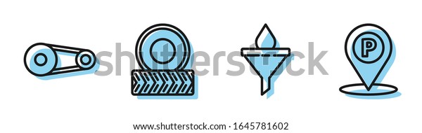 Set line
Funnel or filter and motor oil drop, Timing belt kit, Car wheel and
Location with parking icon.
Vector