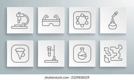 Fijar la línea Embudo o filtro, Gafas de accionamiento de seguridad, Matraz de tubo de ensayo en el fuego y, Gaseoso, Fórmula de anillos de benceno e icono de microscopio. Vector