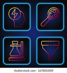 Set line Funnel or filter, Test tube flask on stand, Head and electric symbol and Microorganisms under magnifier. Gradient color icons. Vector