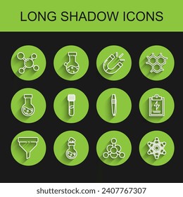 Set line Funnel or filter, Test tube and flask chemical, Molecule, Bacteria, Atom, Laboratory clipboard with checklist and Tweezers icon. Vector