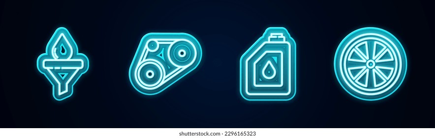 Set line Funnel and oil drop, Timing belt kit, Canister for motor and Alloy wheel. Glowing neon icon. Vector