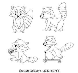 Set of line Funny cute raccoon. Vector outline illustration of small raccoon character isolated on white for coloring page