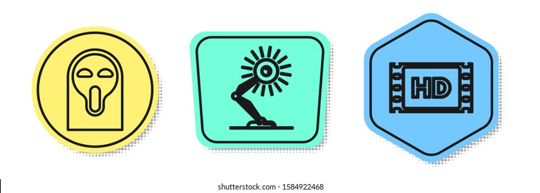 Set line Funny and scary ghost mask, Table lamp  and 4k movie, tape, frame . Colored shapes. Vector