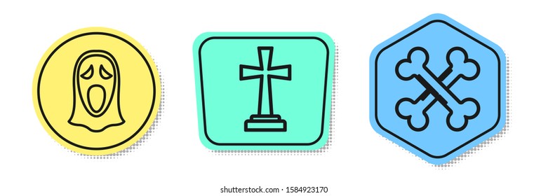 Set line Funny and scary ghost mask for Halloween , Tombstone with cross  and Crossed bones . Colored shapes. Vector