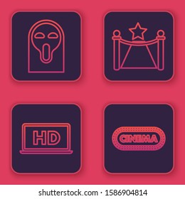 Set line Funny and scary ghost mask, Laptop screen with HD video technology , Carpet with barriers and star  and Cinema poster design template . Blue square button. Vector