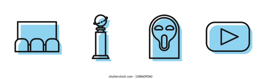 Set line Funny and scary ghost mask, Cinema auditorium with screen and seats , Trophy Golden Globe  and Play  icon. Vector