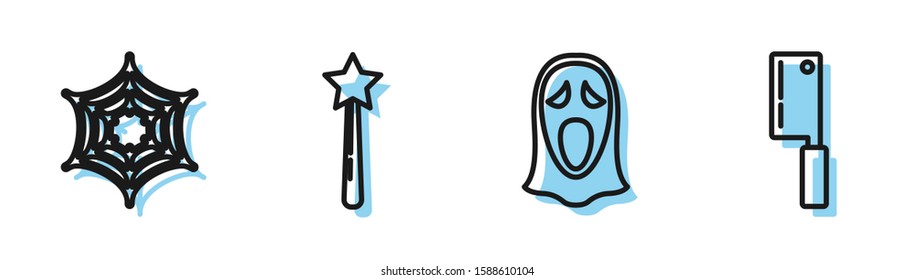 Set line Funny and scary ghost mask for Halloween , Spider web , Magic wand  and Meat chopper  icon. Vector