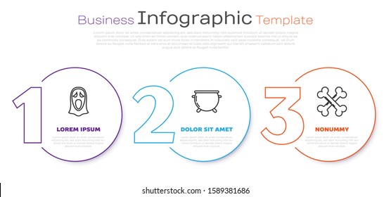 Set line Funny and scary ghost mask for Halloween , Halloween witch cauldron  and Crossed bones . Business infographic template. Vector