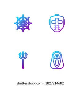 Set line Funny and scary ghost mask, Neptune Trident, Spider web and Hockey. Gradient color icons. Vector
