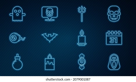Fijar línea Máscara fantasma divertida y temible, Calendario con Halloween, Tridente de Neptuno, murciélago volador, Ojo, Fantasma, vela ardiente e ícono de Calavera. Vector