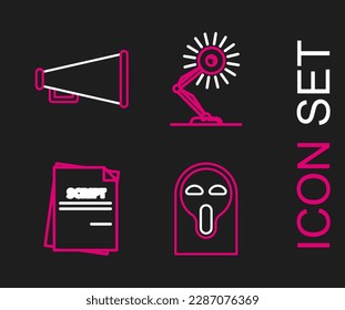 Set line Funny and scary ghost mask, Scenario, Table lamp and Megaphone icon. Vector