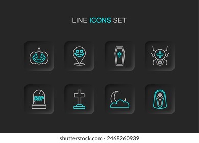 Set line Funny and scary ghost mask, Moon stars, Tombstone with cross, RIP written, Spider, Coffin christian, Happy Halloween holiday and Pumpkin icon. Vector