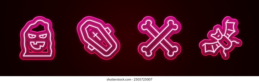 Set line Funny and scary ghost mask, Coffin with cross, Crossed bones and Flying bat. Glowing neon icon. Vector