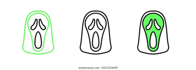 Set line Funny and scary ghost mask for Halloween icon isolated on white background. Happy Halloween party.  Vector