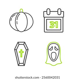 Set line Funny and scary ghost mask for Halloween, Coffin with christian cross, Calendar date 31 october and Pumpkin icon. Vector