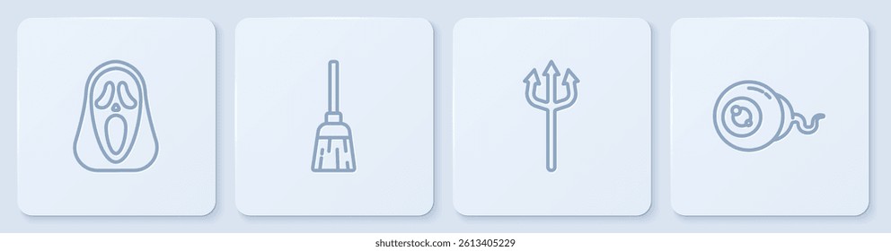 Set line Funny and scary ghost mask, Neptune Trident, Witches broom and Eye. White square button. Vector