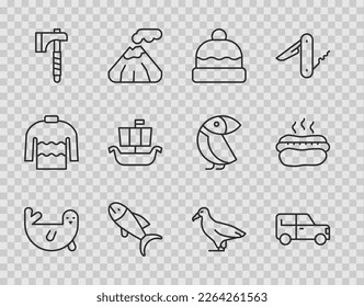 Set line Fur seal animal, Car, Beanie hat, Fish, Wooden axe, Viking ship Drakkar, Albatross and Hotdog sandwich icon. Vector