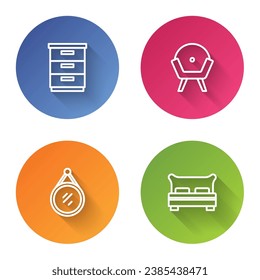 Set line Furniture nightstand, Armchair, Mirror and Big bed. Color circle button. Vector